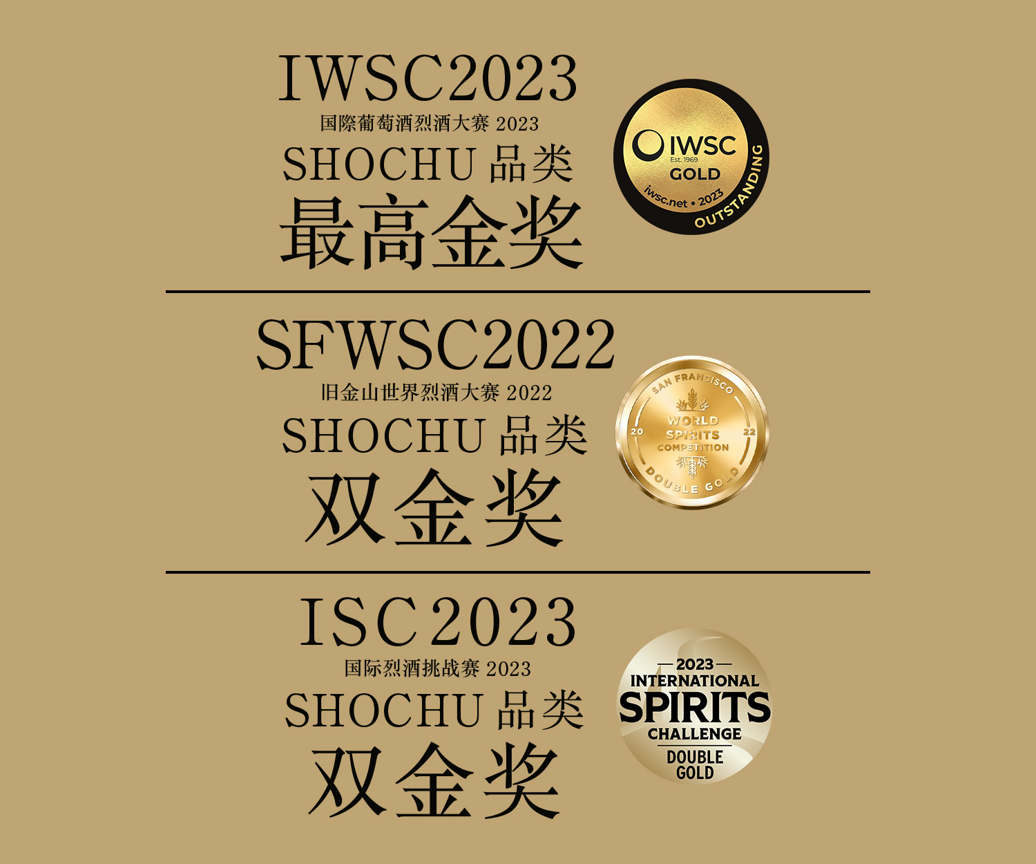 IWSC 2022 国际葡萄酒与烈酒大赛 2022 SHOCHU品类 金奖,SFWSC 2022  旧金山世界烈酒大赛 2022 SHOCHU品类 双金奖,ISC 2022 国际烈酒挑战赛 2022 SHOCHU品类 金奖