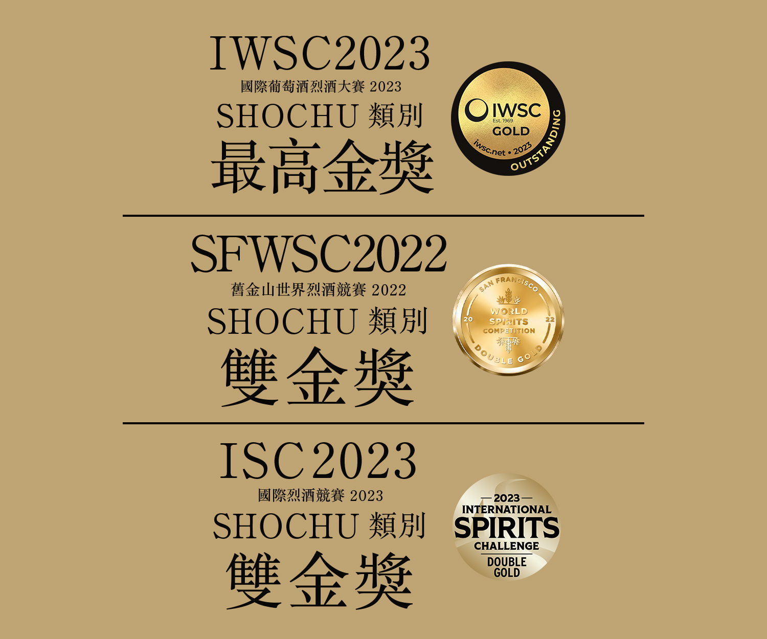 IWSC 2022 國際葡萄酒暨烈酒競賽 2022 SHOCHU類別 金獎,SFWSC 2022 舊金山世界烈酒競賽 2022 SHOCHU類別 雙金獎,ISC 2022 國際烈酒競賽 2022 SHOCHU類別 金獎