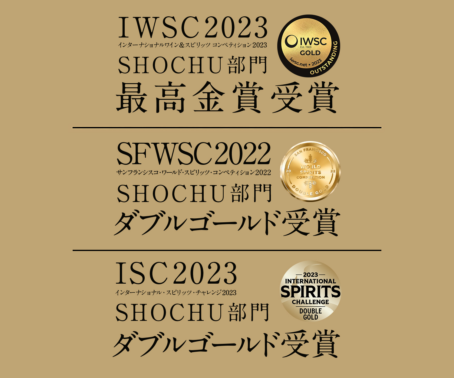 IWSC2022 インターナショナル・ワイン&スピリッツコンペティション2022 SHOCHU部門ゴールド受賞、SFWSC2022 サンフランシスコ・ワールド・スピリッツ・コンペティション2022 SHOCHU部門ダブルゴールド受賞 ISC2022、インターナショナル・スピリッツ・チャレンジ2022 SHOCHU部門ゴールド受賞